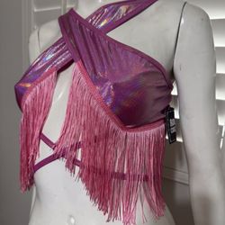 New Xs hot pink metallic fringe boho western Barbie rave festival top shirt crop 