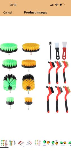 HOYIN 17PCS Drill Brush Power Scrubber Kit - 8 Nylon (Green Soft/Yellow Stiff), 6 Mini Wire Brushes (Steel/Copper/Nylon), 2 Scrapers & 150mm (6") Exte