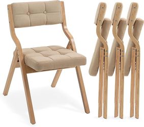 HOMEFUN Folding Chairs with Cushion, Wooden Padded Foldable Chair 4 Pack, Portable and Assembled