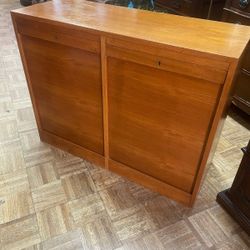 Vintage Mid Century Modern Teak Lateral File Cabinet Chest Tambour Door Original Key 38 By 30 By 15
