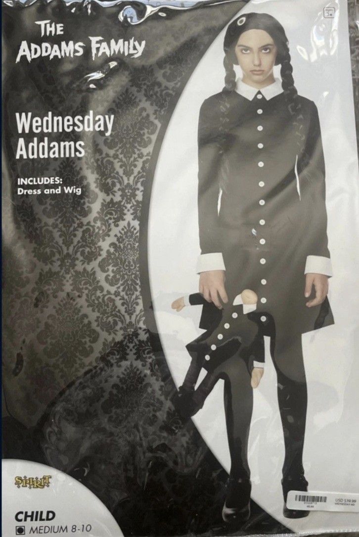 Spirit Halloween Child Wednesday Addams Costume Med 8-10 New Dress And Wig