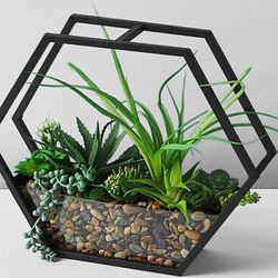 Hexagonal Terrarium w/Faux Succulents