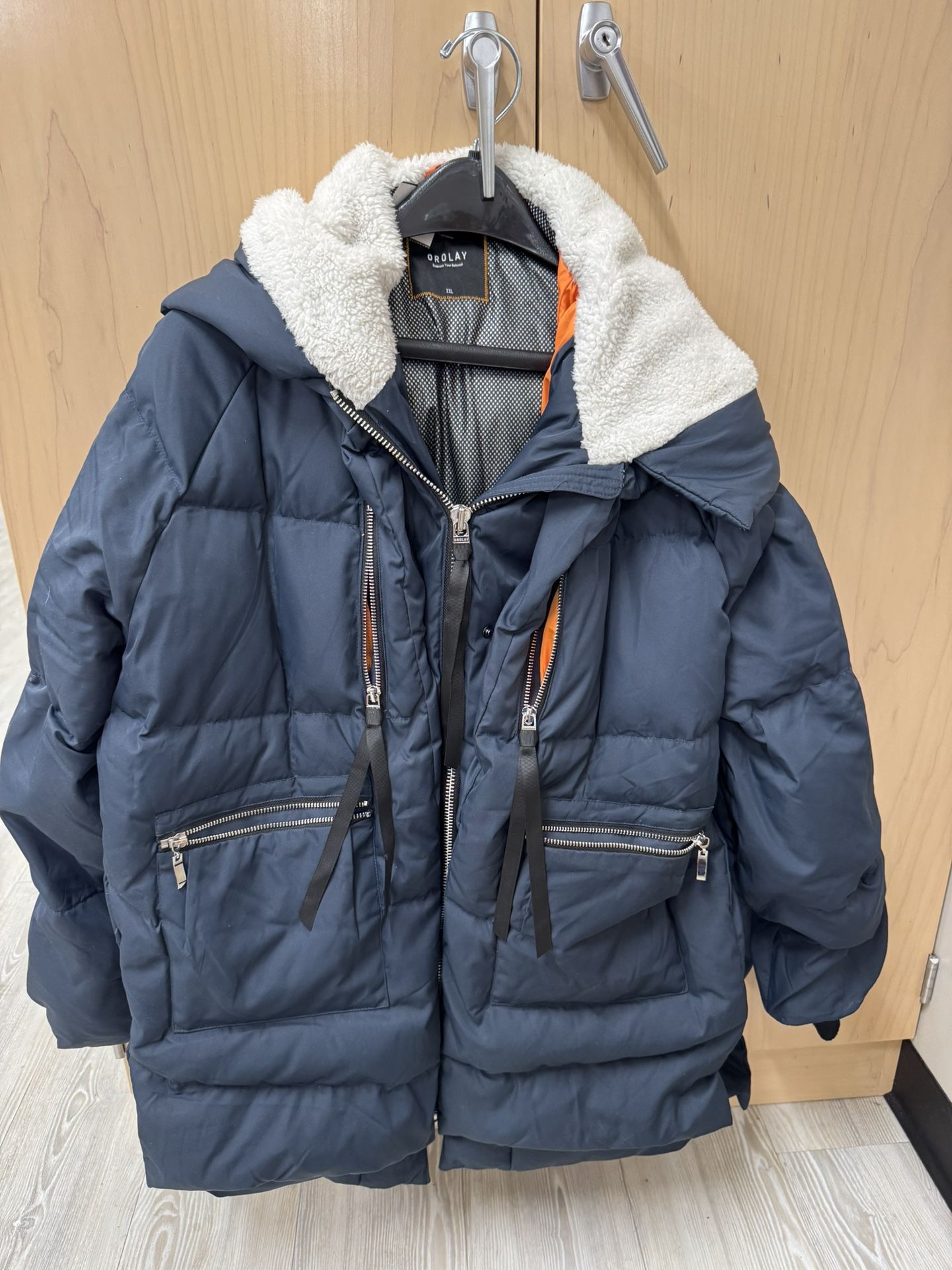 Orolay Down Puffer Jacket Men's 2XL Navy Blue Hooded Heavy Winter Coat