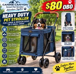 CANINE CANYON Scout Pet Stroller, Heavy Duty Dog Stroller for Large/Medium Dogs, Foldable Pet Stroller for 2 Small Dogs with All-Terrain Wheels, Stora