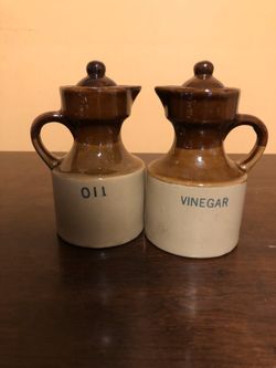 Vintage Earthenware Oil & Vinegar little jugs with stoppers