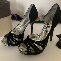 Final Sale - Size 8.5 Blk Suede Silver Studded Snakeskin Open Toe 5.5 In Heels