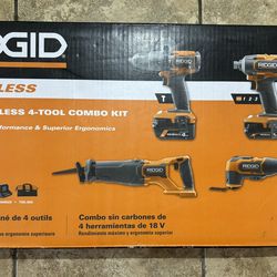 Ridgid 18V Brushless Cordless 4-Tool Combo Kit with (1) 4.0 Ah and (1) 2.0 Ah MAX Output Batteries, 18V Charger, and Tool Bag