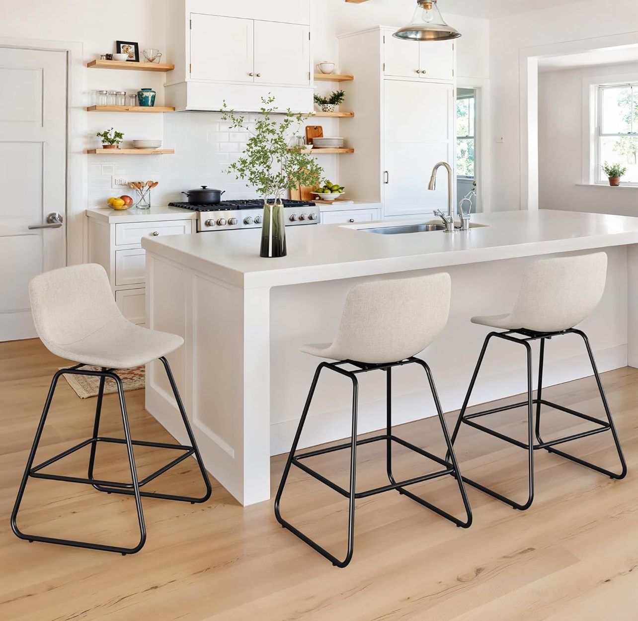 Set of 3, 25in Linen Fabric Counter Height Bar stools, Mid Century Modern Bar Stools with Metal Legs & Footrest, for Kitchen Island, Linen Colo
