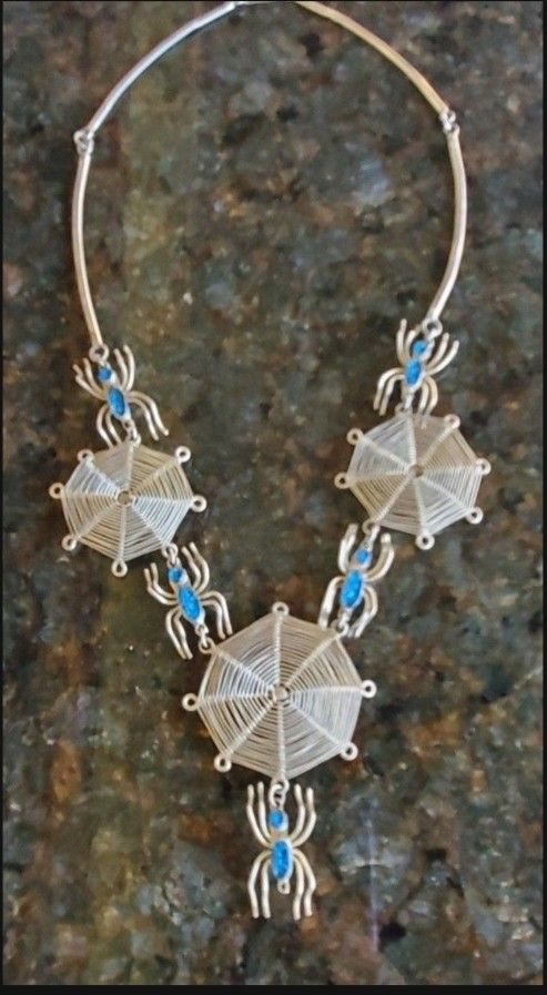 VNTG Southwestern Sterling Silver Plate Turquoise Stone Spider Blossom Necklace