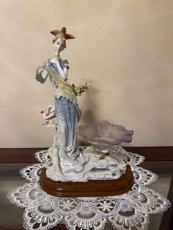 Vintage Art Nouveau Lady Figurine with Decorative Flower Bowl / Trinket Dish