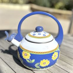 Villeroy & Boch Enamel Tea Kettle Blue, White & Yellow Floral Design SHABBY CHIC