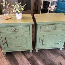 Rustic Farmhouse Green Matched Nightstands / End Tables 