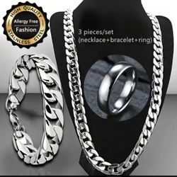 Elegant 3-Pcs Stainless Steel 23.65" Necklace & Bracelet W/12 Size Ring