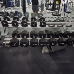 Iron Grip Dumbbells 5lbs - 100lbs With two Icarian commercial grade gym storage racks Workout fitness