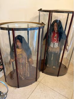 Vintage Native American Collector Dolls in Custom Wood & Acrylic Cases – Pair