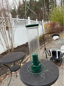22”H bird feeder with squirrel baffle attached