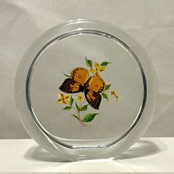 Viking Round Clear Glass Butterfly/Flowers Paperweight 1970’s