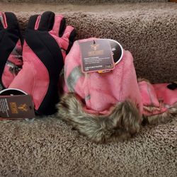 Realtree Pink Camo Ear Flapper Hat & Waterproof Gloves