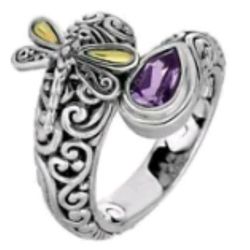 BRAND NEW IN PACKAGE WOMEN'S PEAR SHAPE AMETHYST & CITRINE DRAGONFLY WINGS ANTIQUE STYLE/LOOK SILVER DRAGONFLY RING 