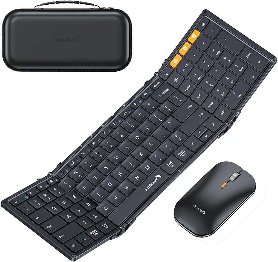 ProtoArc Foldable Keyboard Mouse Combo, XKM01 Travel Portable Keyboard and Mouse with Carry Case, Full Size Multi-Device Folding Bluetooth Keyboard fo
