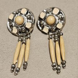 Vintage Style Dangle Earrings With Wood Accents & Silver Hardware 