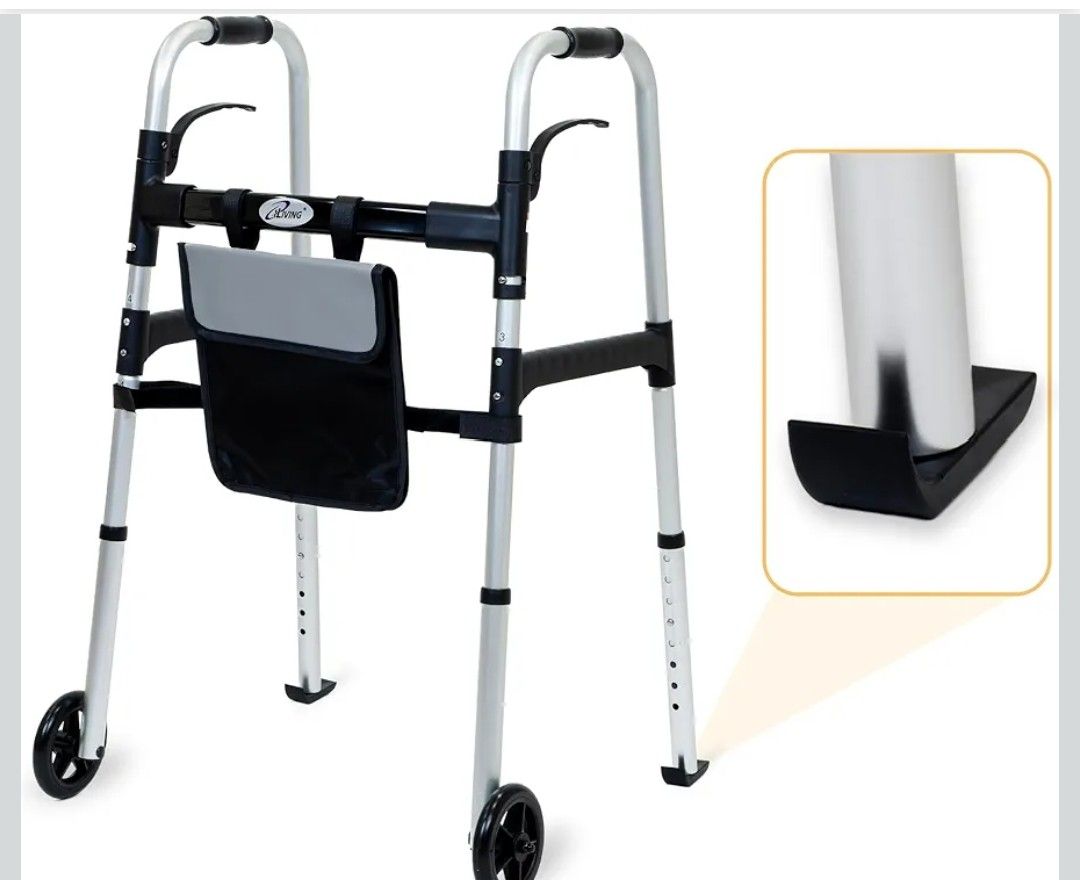iLiving Easy Folding Rolling Walker with Shopping Bag Basket and Glide Skis - Upright Mobility Aid for Senior or Adults, Foldable and Adjustable Heigh