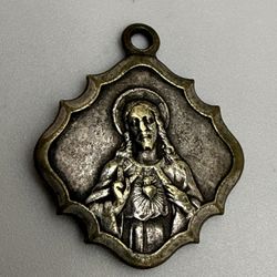 Vintage Catholic Medal Sacred Heart Jesus Madonna Child Italy Religious Pendant Charm