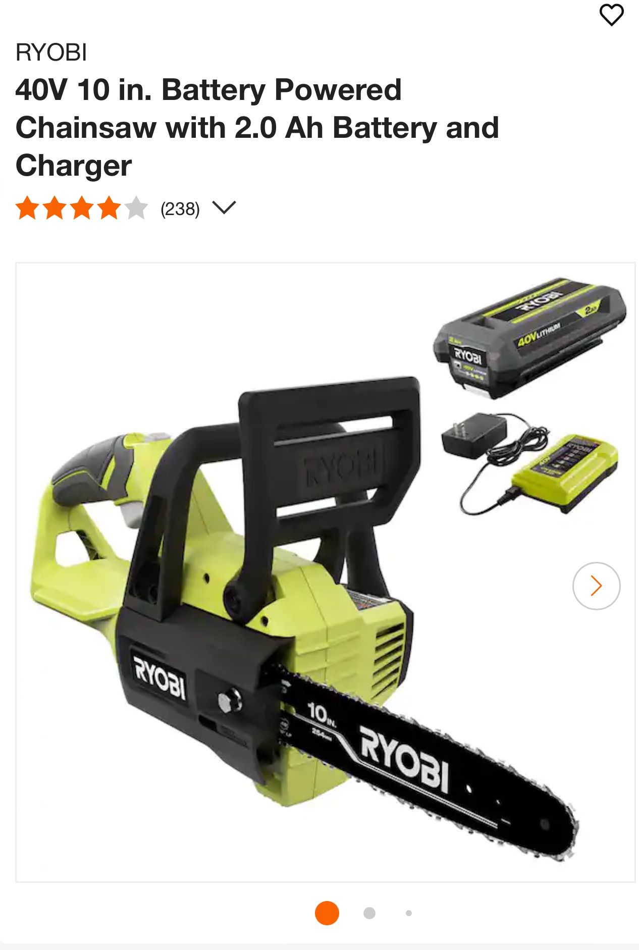 RYOBI 40V 10 in. Battery Powered Chainsaw with 2.0 Ah Battery and Charger