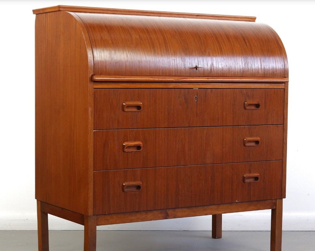 Mid century Danish modern teak rolltop secretary desk