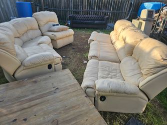 Cream Reclining Sofas, Dark Chesterfield Couch & Wood Coffee Table