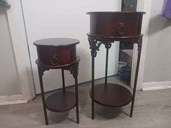 2 vintage 1-drawer cherry wood wrought iron side table plants stands