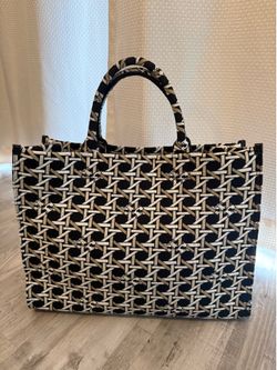 Tory Burch Ella Circular Knit Tote - Black, White and Tan