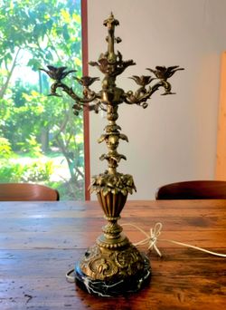 19th-century French bronze candelabra Marble Base Ornate Leafy Scrolls Heavy  27"×14"