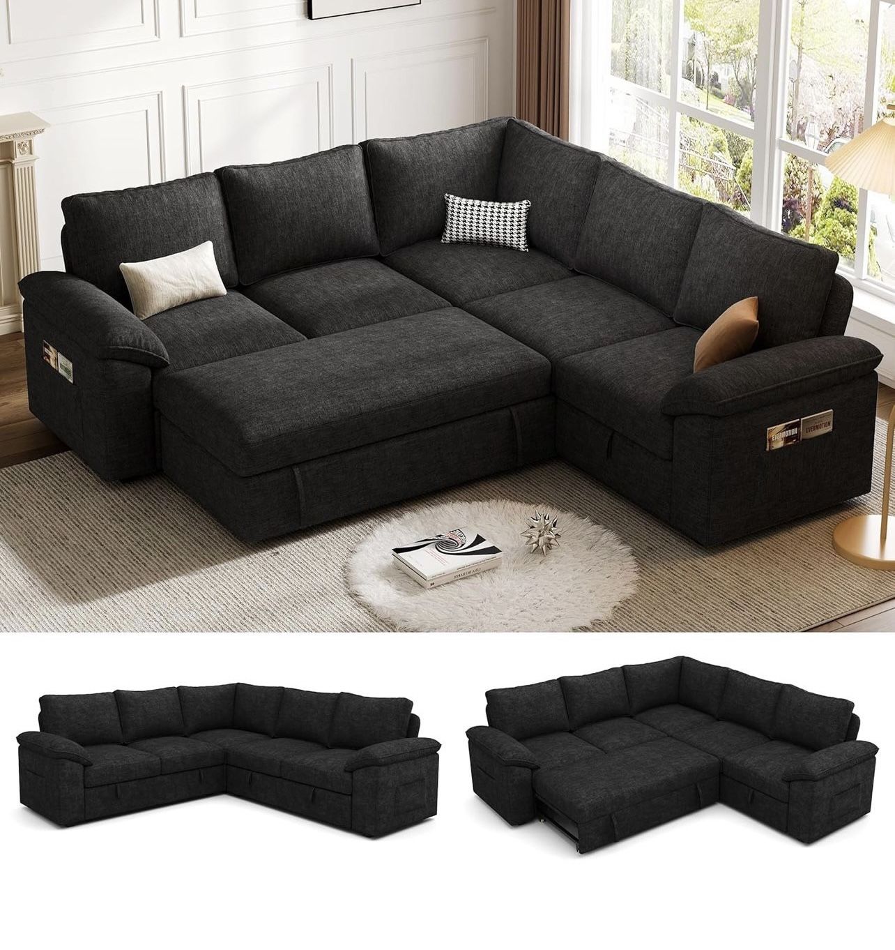 85 Inch Modular Sectional Sofa with Pull Out Bed, L Shaped 5 Seat Sectional Sleeper Sofa with Storage, Sectional Couches for Living Room, Cloud Modula