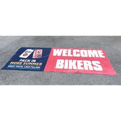 Miller Lite Banner, Packing More Summer, Welcome Bikers. 120” X 48”. Signed Used
