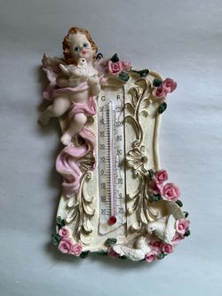 Vintage Composite Cherub And Floral Theme Frame With Mercury-free Thermometer