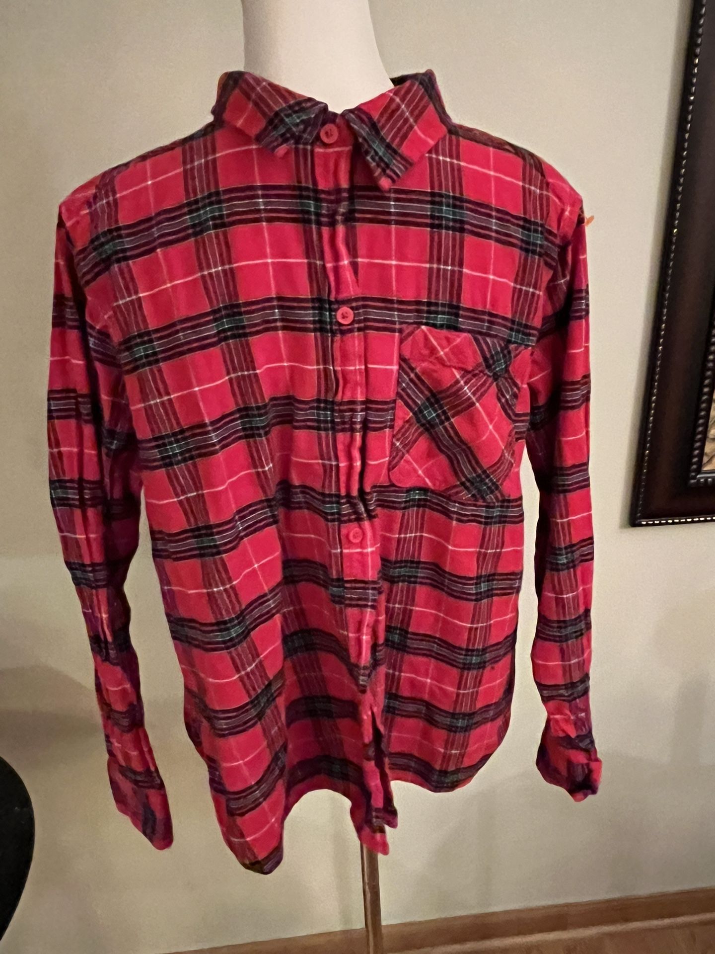Time and Tru Sz 12-14 L Women’s Red Plaid Flannel Button Up Shirt Long Sleeves