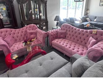 Pink Velvet Tufted Sofa & Loveseat Set β Chesterfield Style