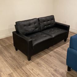 Mid Century Black Faux Leather Couch
