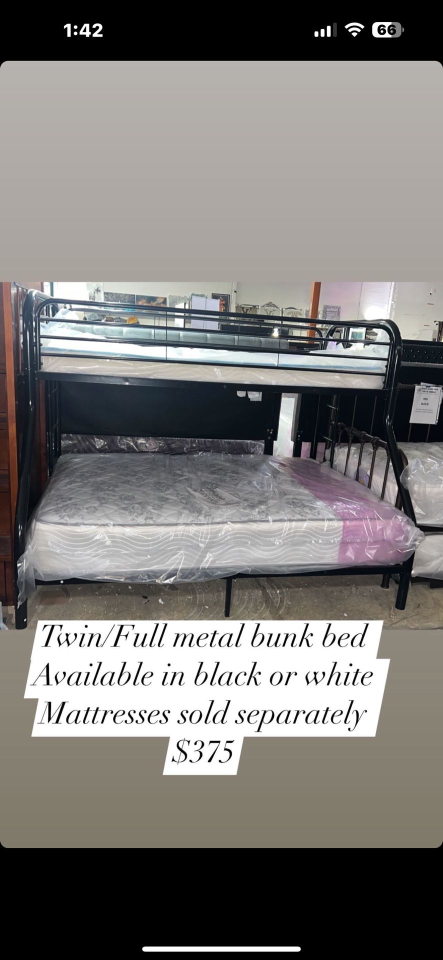 Twin/Full metal bunk bed Available in black or white Mattresses sold separately $375