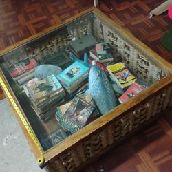 Solid Wood Glass Top Rope Wrapped Coffee Table On Caster Wheels