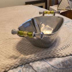 Beautiful Metal Serving Bowl Green beads handle 