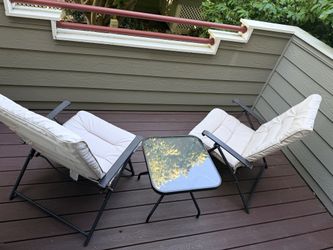 Patio Set – 2 Cushioned Reclining Lounge Chairs + Glass-Top Side Table