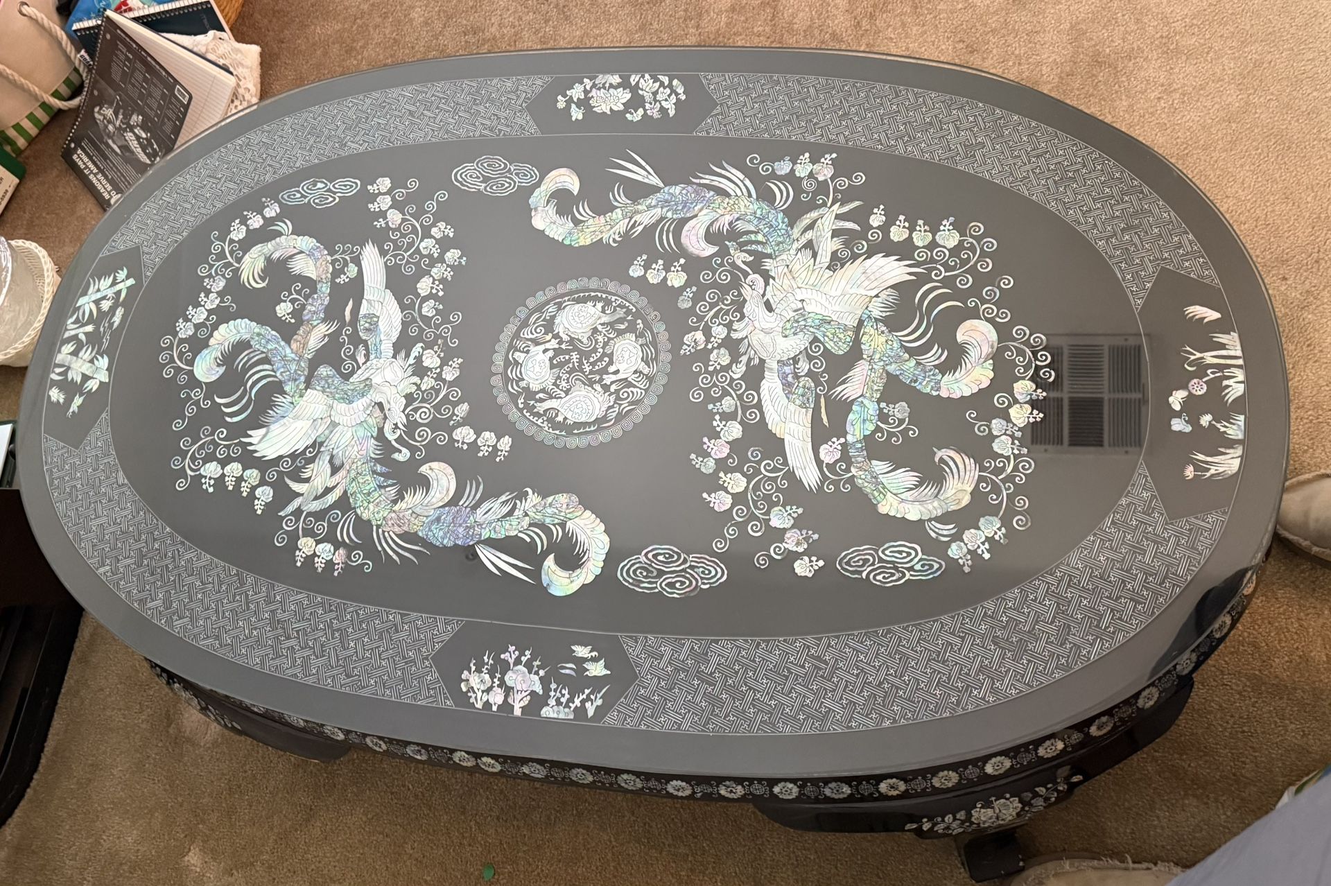 KOREAN BLACK LACQUER CARVED STONE MOTHER OF PEARL FURNITURE