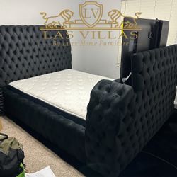 PLATFORM BED 7 MULTI COLOR LED FIREPLACE DISPLAY IN FOOTBOOARD BLUETOOTH SPEAKERS TV STAND IN FOOTBOARD (FITS UP TO 50" TV)