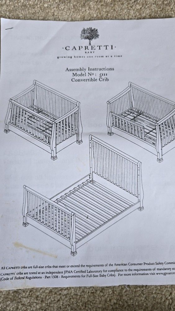 Capretti Convertible Crib, Toddler Bed, Double Bed, With Matching Dresser