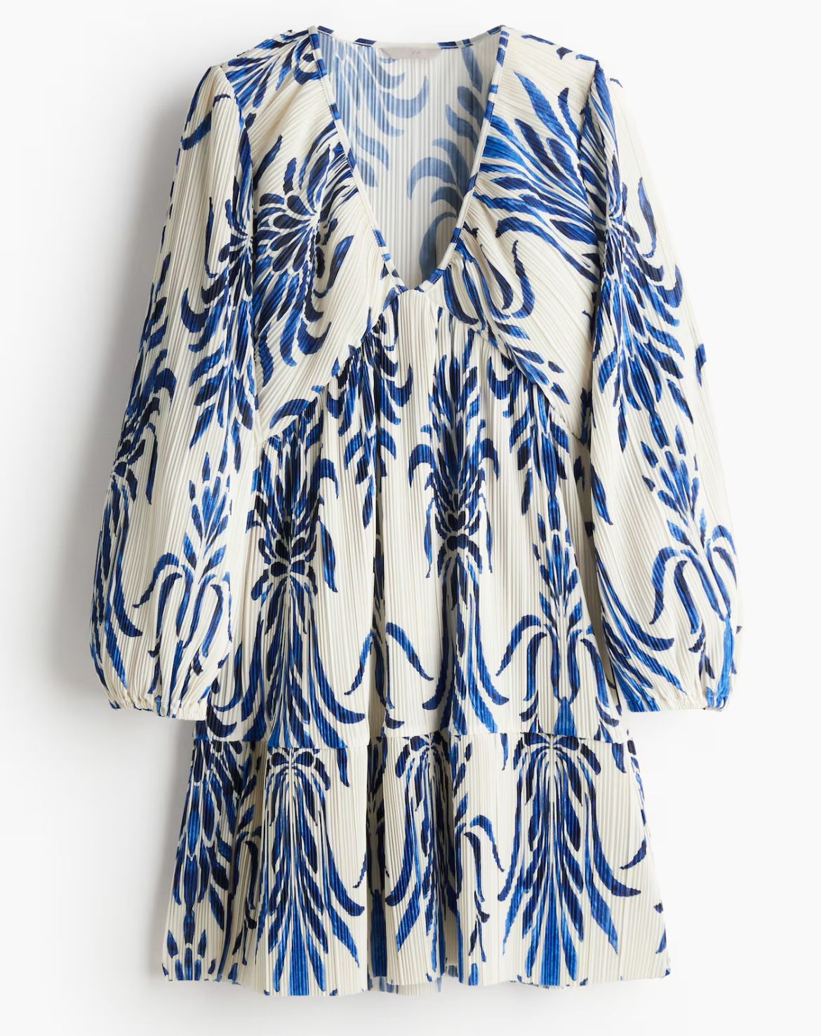 Plisse Dress- Cream and Blue Pattern