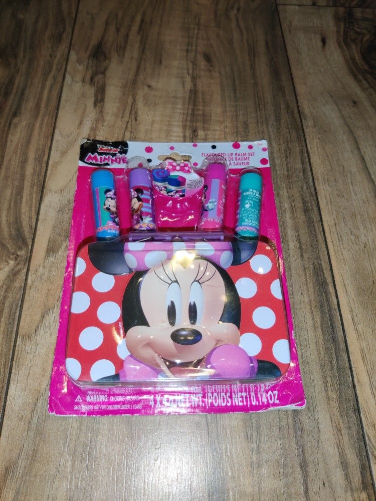 Disney Junior Girl Minnie Mouse Flavored Lip Balm Set With Red Tin Box Case.