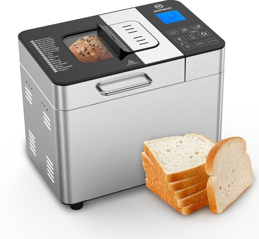 18-in-1 Bread Machine, Moosoo 2LB Bread Maker, Stainless Steel Breadmaker, Touchscreen, Time Delay & Keep Warm