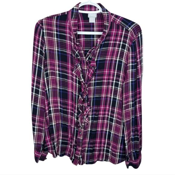 Chico's Purple Navy Ruffled Plaid Button Down Blouse